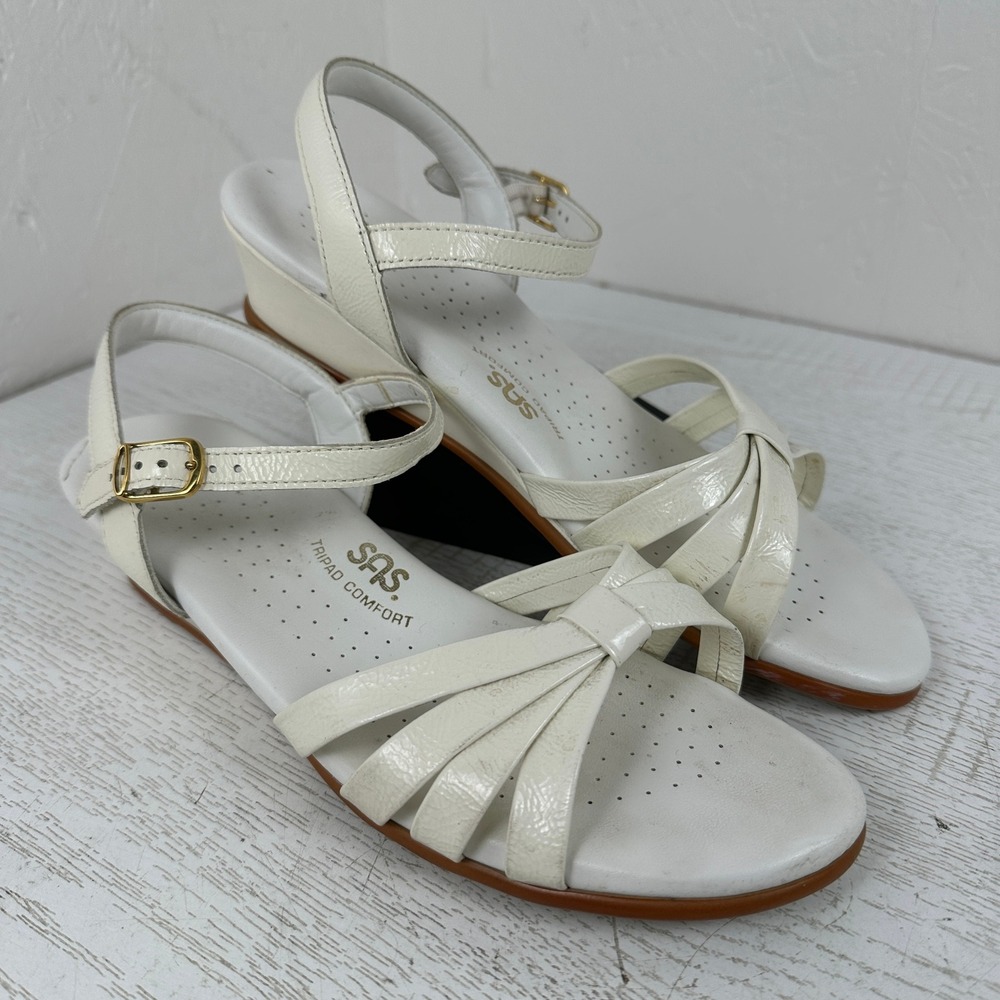 SAS Strippy Tripad Comfort Women's 9 N Cream White Leather Wedge Sandals Strappy